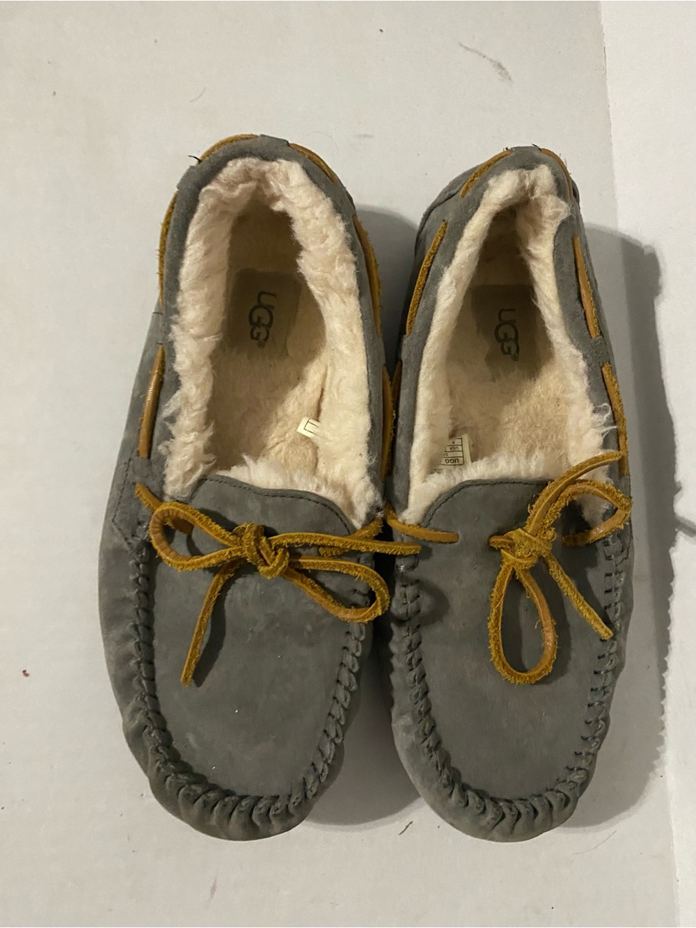 UGG Gray Moccasin Slippers with Tan Laces - Picture 2 of 8